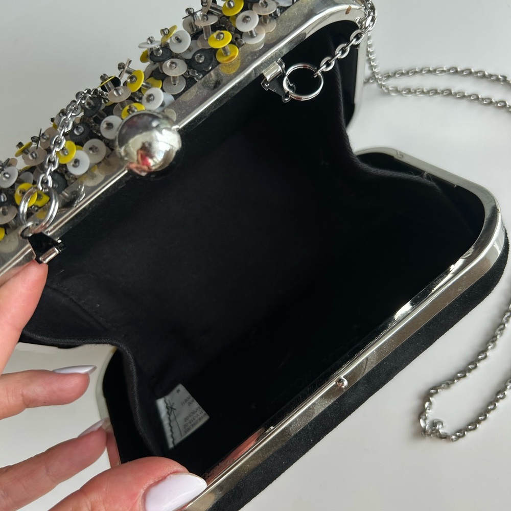 Zara Beaded Clutch Bag Black White Yellow Evening Crossbody Chain - Picture 5 of 5